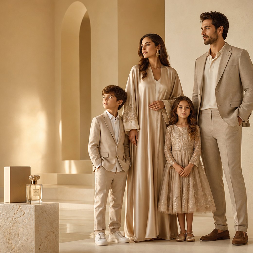A family in coordinated neutrals beside a WAIKI perfume