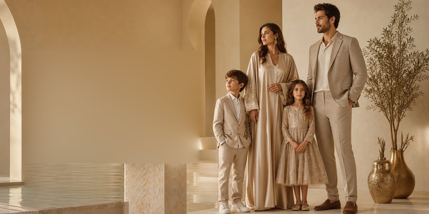 A family in ivory and sand tailoring in a sunlit arched courtyard